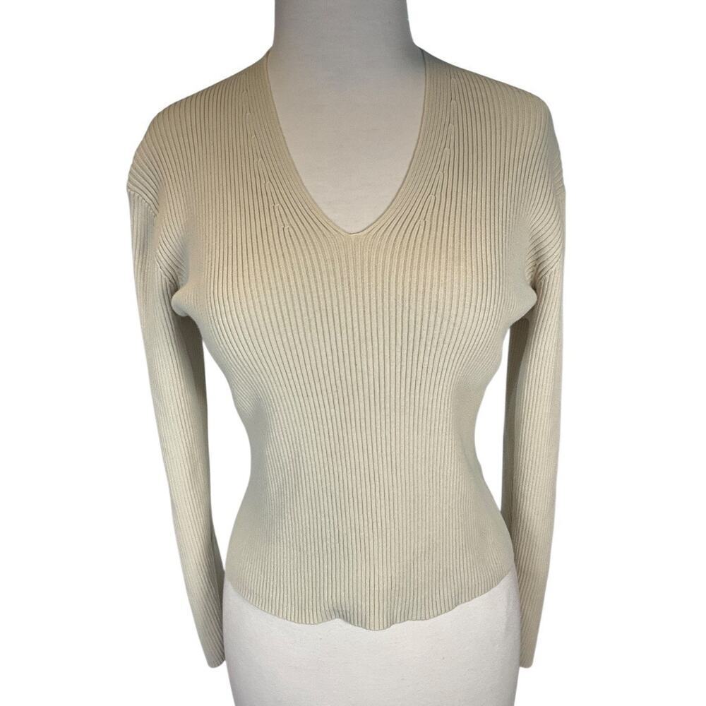 Pierre Cardin Ribbed Knit Sweater Beige V Neck Long Sleeve Minimalist Small